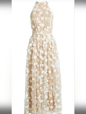 CHELSEA28 3D FLORAL WHITE & GOLD HALTER MAXI DRESS SZ XS